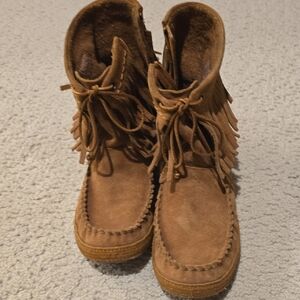 Brown Fringe Moccasin Boots